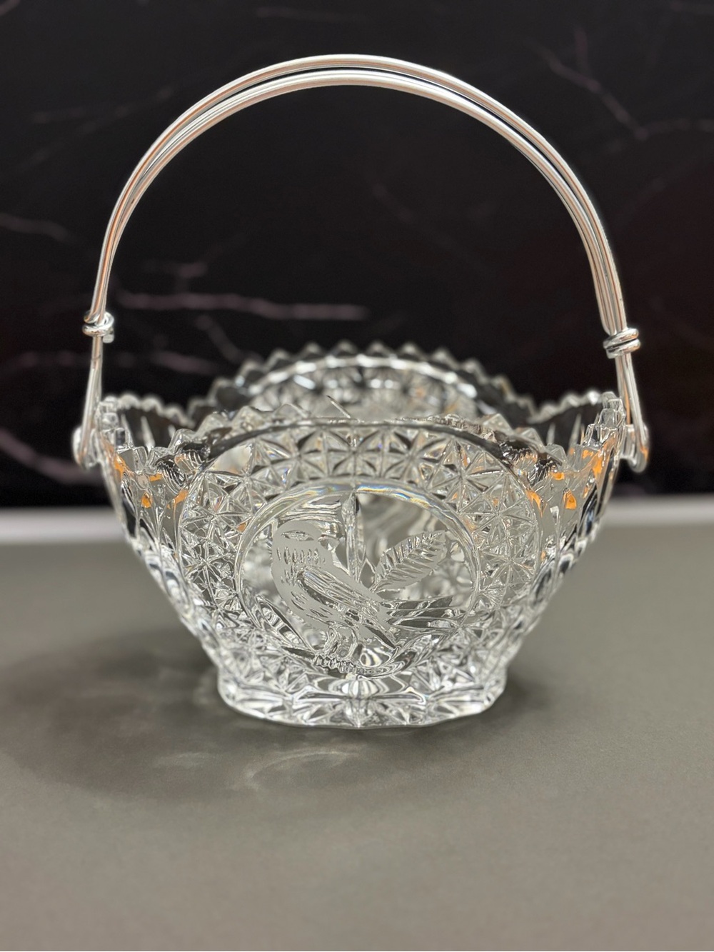 Vintage Hofbauer Byrdes Collection Leaded Crystal Basket Silv Handle Germany EUC
